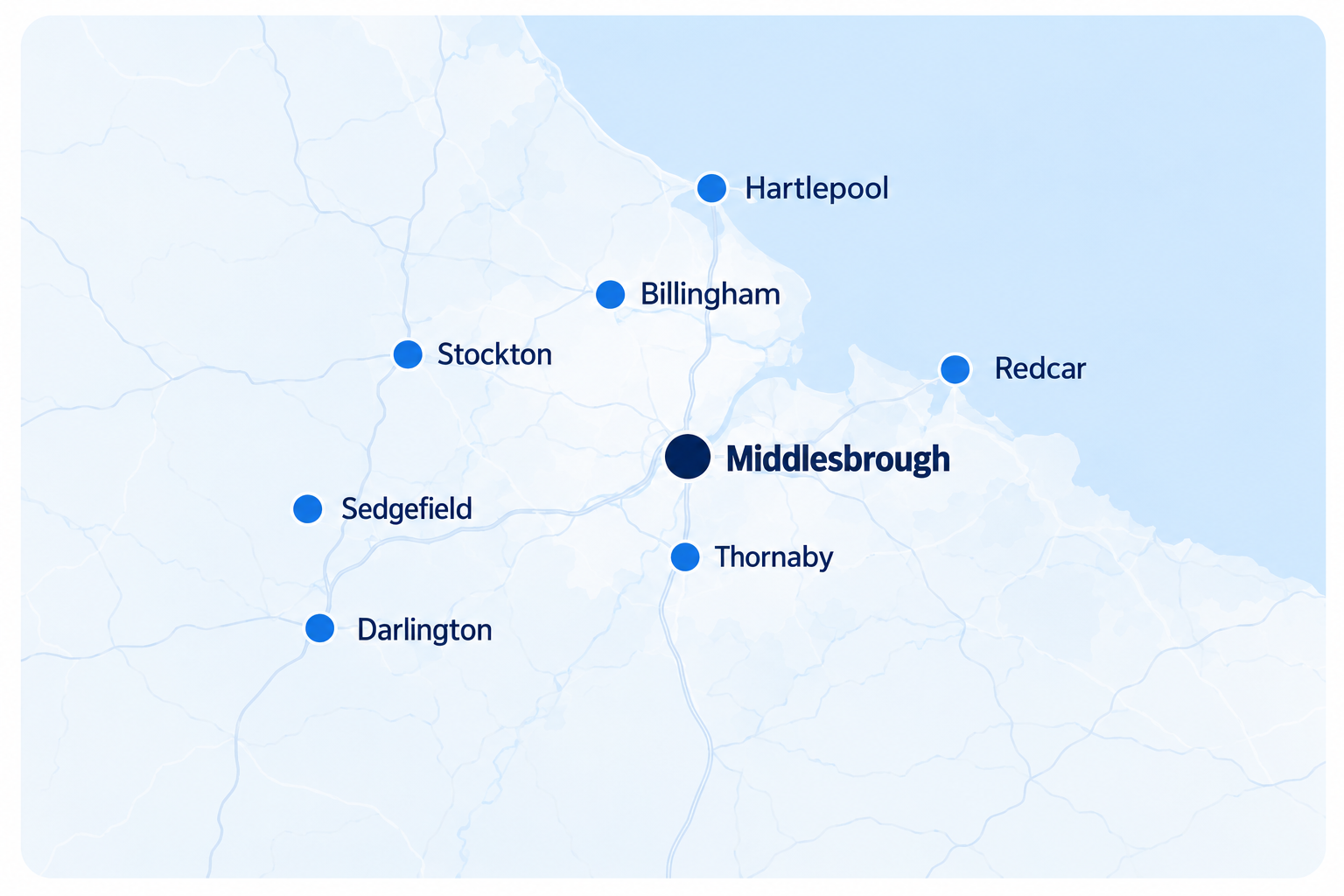 Map of the North East showing the towns Grainger Electrics covers, including Middlesbrough, Stockton, Darlington, Hartlepool, Redcar, Billingham, Sedgefield and Thornaby