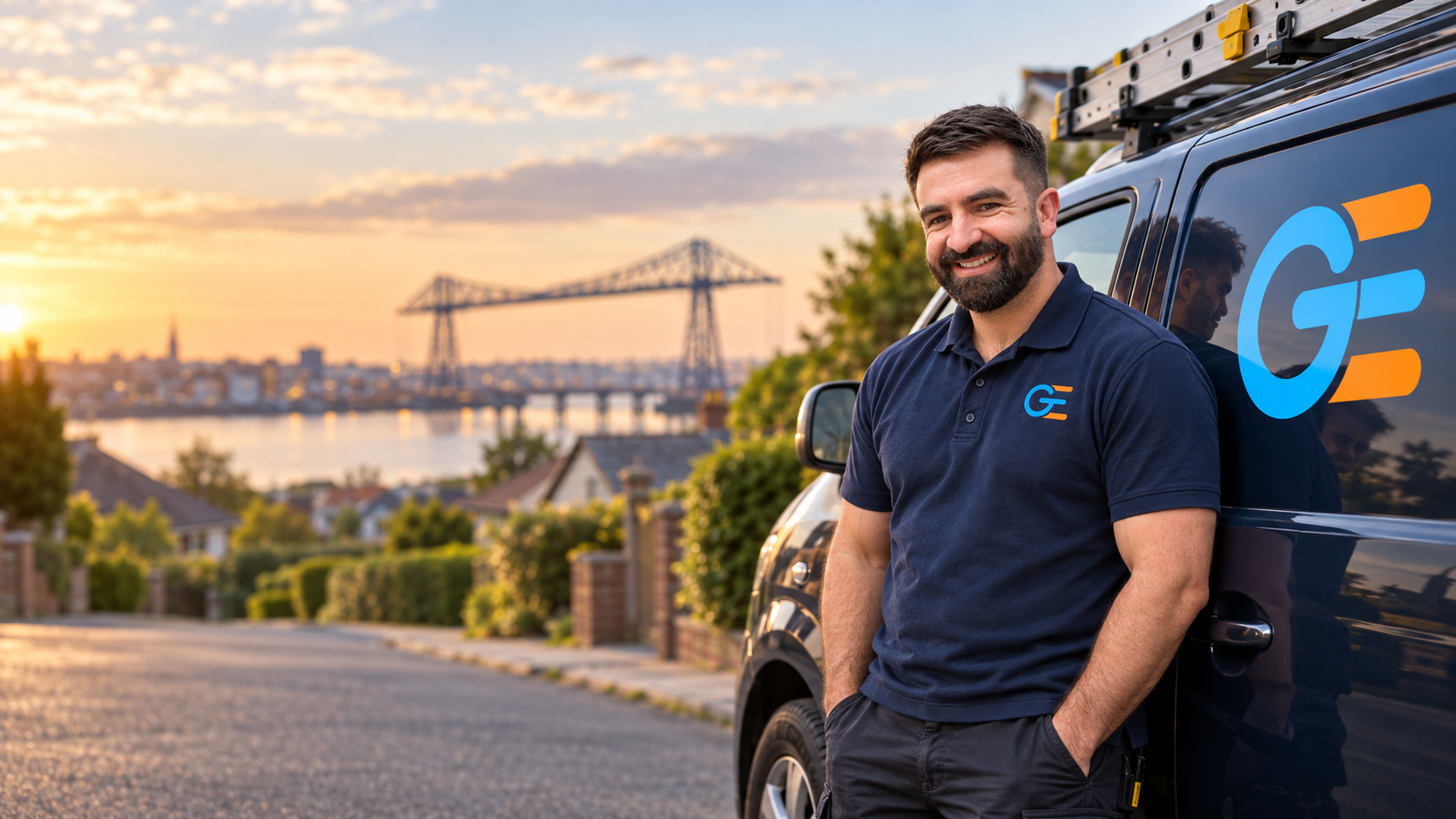Ian Grainger smiling beside his van above the Tees Transporter Bridge