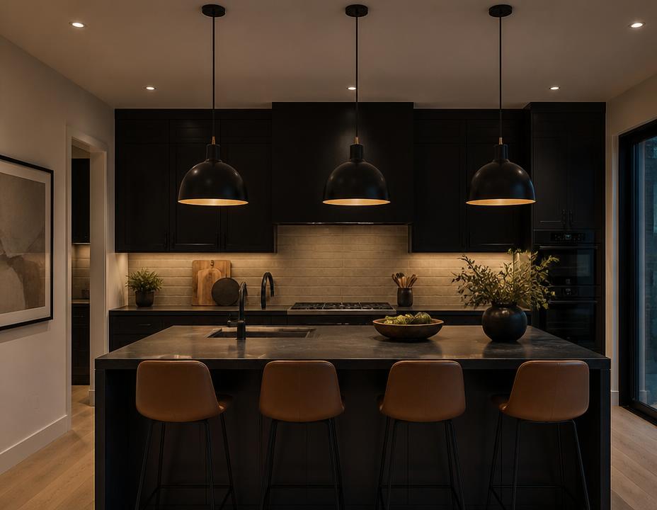 Pendant lighting installed over a kitchen island