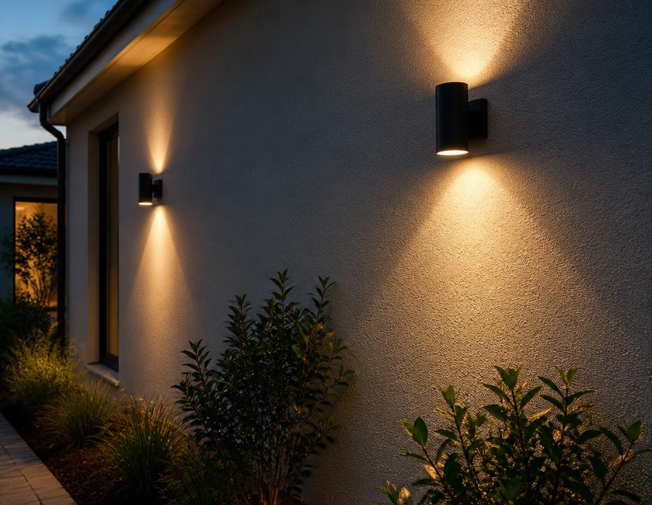Outdoor wall lights lighting up a house exterior at dusk