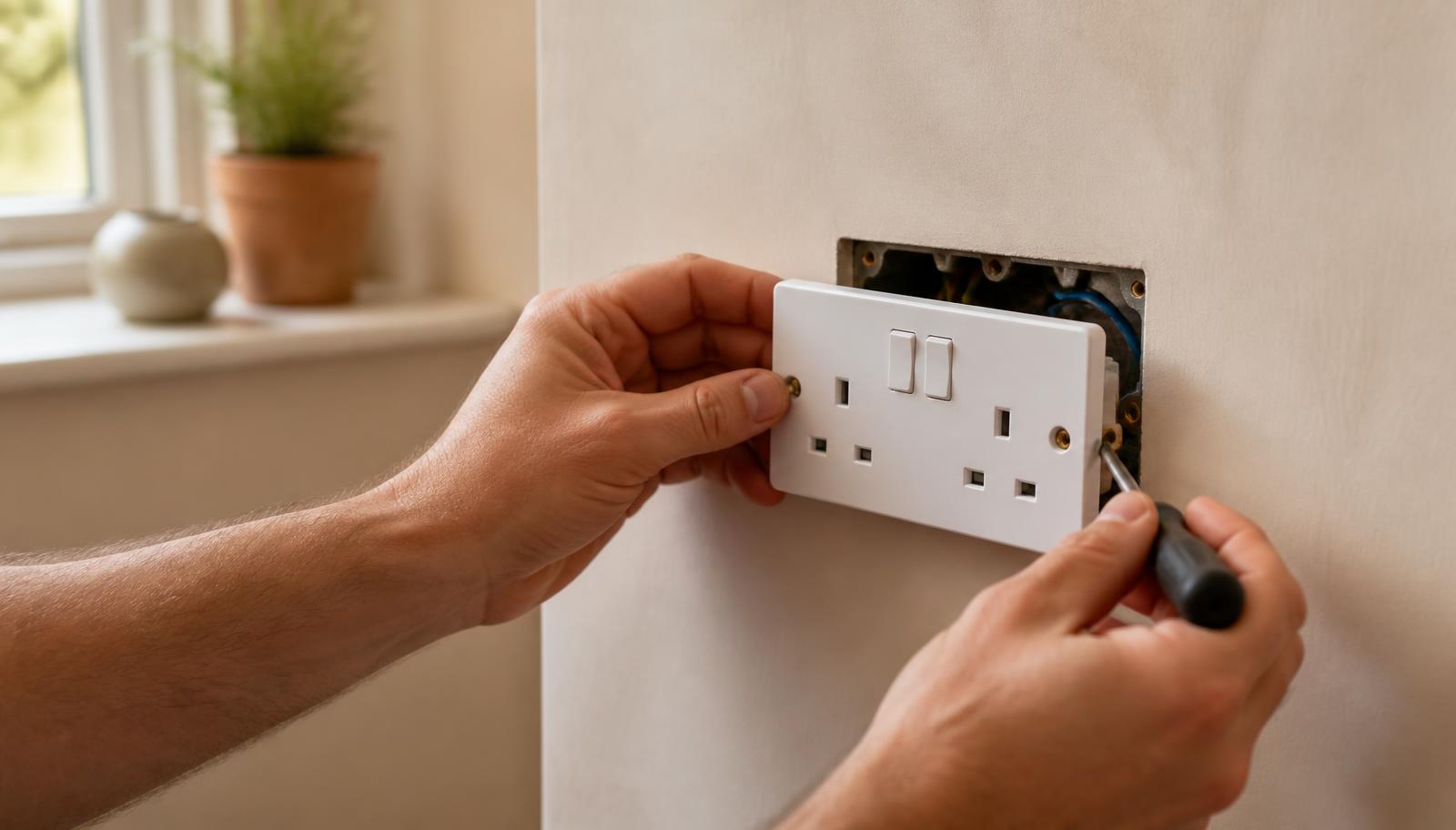 Electrician fitting a new white double socket into a plastered wall